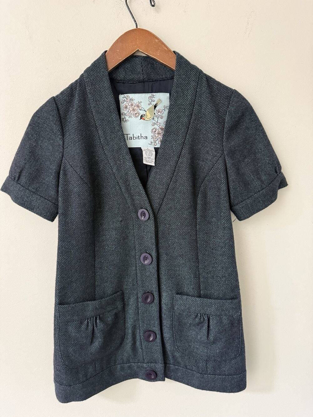 Tabitha Blue Tweed Blazer Jacket Womens Size 0 Short Sleeve Button Front Lined